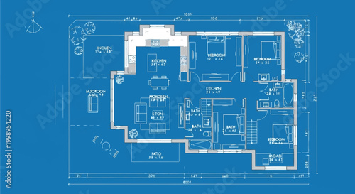 Detailed blueprint of a modern house floor plan with multiple rooms and measurements