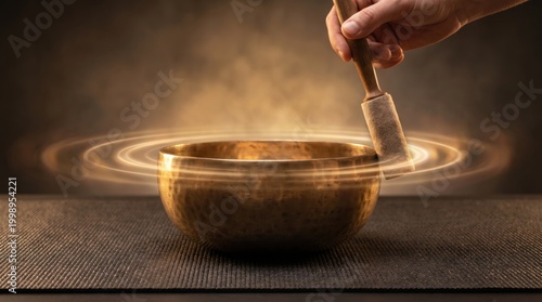 Tibetan Singing Bowl with Glowing Sound Waves and Steam in Reiki Meditation Session