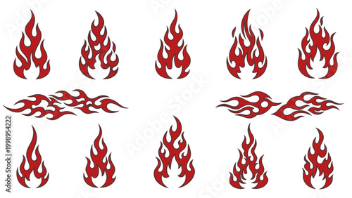 Red flame tattoo style designs with various shapes and patterns