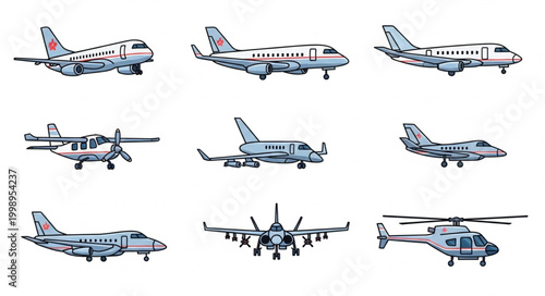 Collection of various aircraft including airplanes and helicopters.