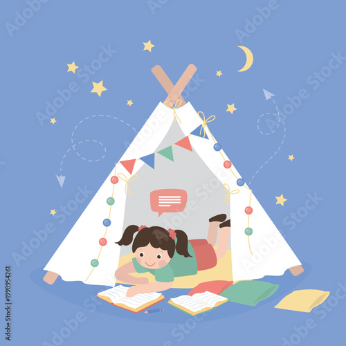 Kid reading book, bookworm. Smart girl lying in wigwam playhouse with books. Cute child reading workbooks. Childhood, education, dreams and imagination