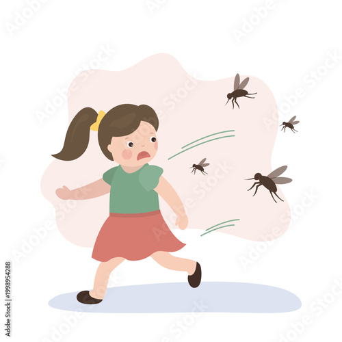 Mosquito bite child. Inflammation from mosquito bite on child's skin, fright and an allergic reaction. Girl is afraid of insects and runs away from mosquitoes.