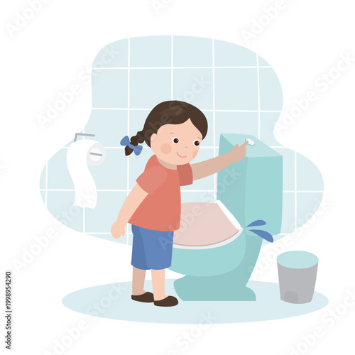 Сartoon girl pulling a toilet flush lever. cute child presses a button and flushes the toilet. Cleanliness and hygiene
