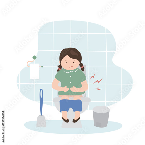Little girl sits on a toilet, holding her stomach in pain. Childhood digestive issues or illness within a bathroom. Sick kid in restroom.