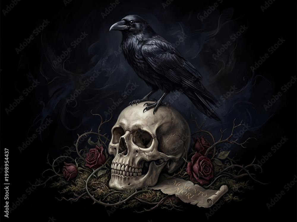 Fototapeta premium Raven perched on skull with roses memento mori dark illustration