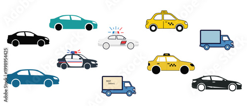 Vehicle Icon Set with Cars, Taxi, Police Car and Delivery Truck in Flat Outline Style