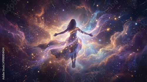 Two Female Energy Spirits Flying Through Cosmic Galaxy in Reiki Astral Healing Concept