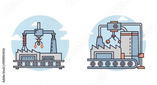 Industrial factory production line with robotic arm illustration.