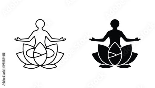 Yoga meditation figure sitting in lotus position with lotus flower icon set in outline and solid black styles for wellness health and spiritual balance concepts in modern graphic design and branding