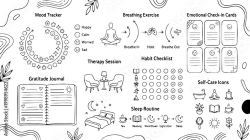 Hand Drawn Mental Wellness Planner Icon Set with Mood Tracker Gratitude Journal and Self Care Routine