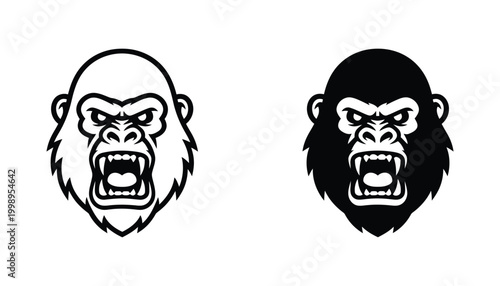 Angry gorilla head mascot logo icon set in outline and solid black graphic styles for sports team branding gaming avatars and aggressive professional company logos or apparel design and print media