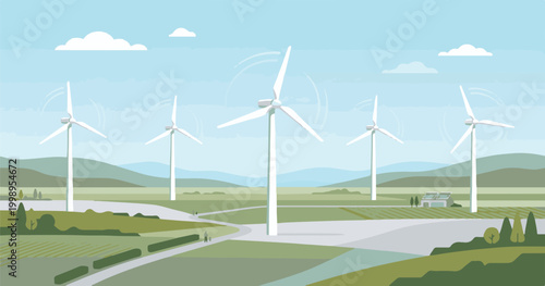 A vast wind turbine farm stands on a grassy hill under a blue sky, utilizing green technology to generate renewable energy and clean electricity across the rural landscape