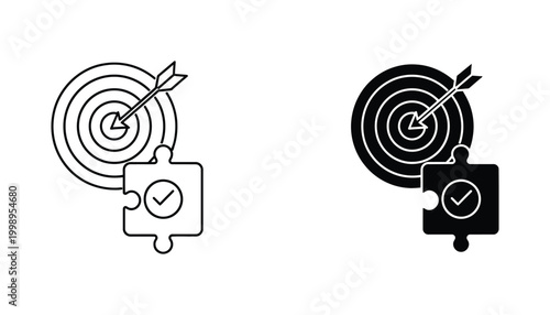 Strategic business goal achievement icon set featuring bullseye and jigsaw puzzle piece with checkmark in linear and bold solid black styles for professional project management and success planning