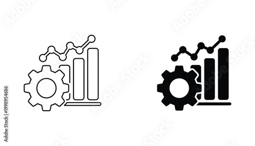 Business analytics graph with gear icon set showing productivity optimization and data management in outline and solid black glyph style for corporate performance tracking and industrial efficiency