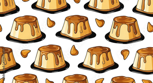 A seamless pattern of caramel flan desserts isolated on transparent background