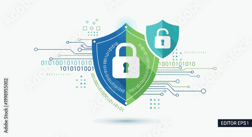 Cybersecurity concept with shield and lock on for data protection