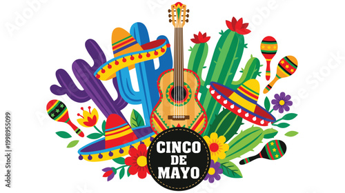 Cinco de mayo celebration with guitar, maracas, sombreros and cacti.