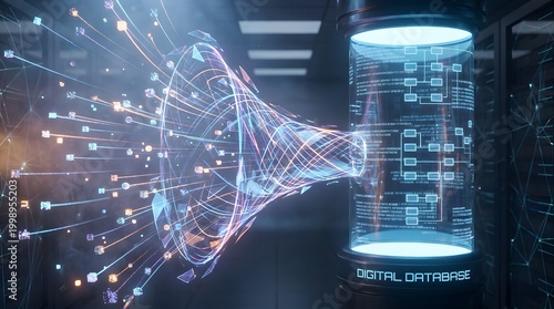 Futuristic digital database funnel processing stream of glowing data packets in server room.