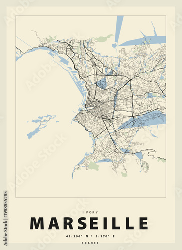 Vintage style map of marseille france with city streets and waterways on beige background vector illustration