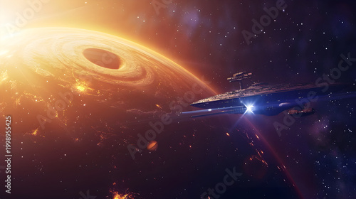 Interstellar Spaceship Flying Through Galaxy Near Black Hole and Planet