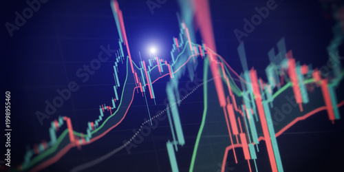 Dynamic financial stock market chart with glowing peak. Abstract digital candlestick graph and indicators on a dark blue background showing trading volatility.