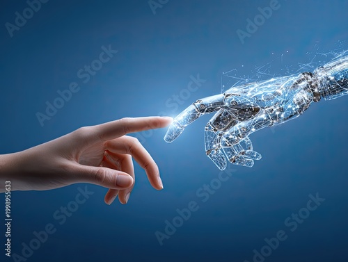 Human hand touching virtual robotic fingers.