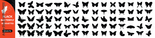 Black butterfly silhouettes. Outline butterflies romantic tattoo, tropical insects stencil. Summer and spring exotic symbols isolated vector big butterfly set