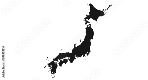 Minimalist Black Silhouette Map of Japan on White Background.