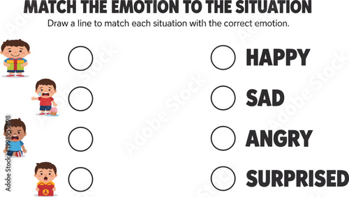 match emotion to situation worksheet for kids educational activity learning feelings happy sad angry surprised vector template