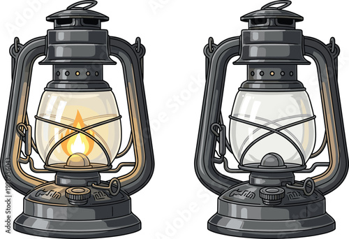 Vintage kerosene lantern collection with lit and unlit camping lamps in detailed vector illustration set