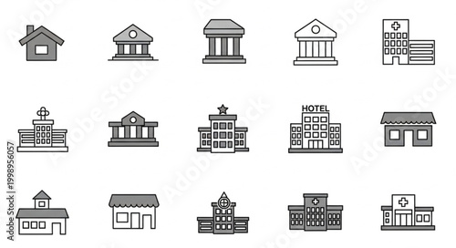 Collection of diverse building icons representing various structures.