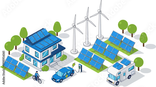 Isometric vector illustration of a sustainable smart home with solar panels wind turbines electric vehicle charging station and green energy infrastructure
