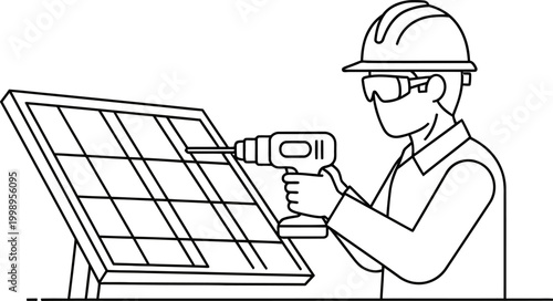 Professional technician installing renewable energy solar panel with power drill tool minimalist line art vector illustration for sustainable industry