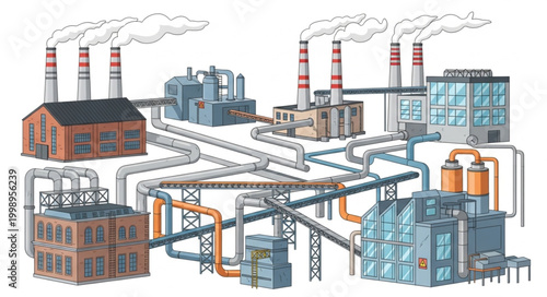 Industrial factory complex with interconnected pipelines and smoking chimneys.
