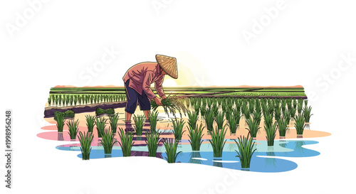 A farmer in a conical hat tending to a rice paddy field during a golden sunset, showcasing traditional agriculture and a serene rural landscape