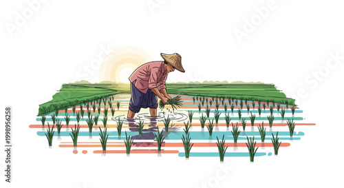 A farmer meticulously tends to a vibrant, sun-drenched rice paddy field, showcasing traditional agricultural practices and the beauty of rural life