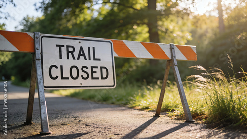 Cinematic eye-level shot of a TRAIL CLOSED sign on an orange and white striped barricade blocking an asphalt path