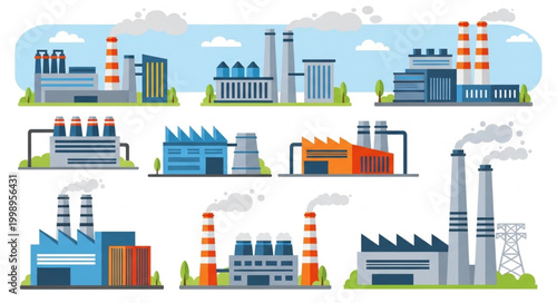 Collection of industrial factory buildings with smokestacks and smoke.