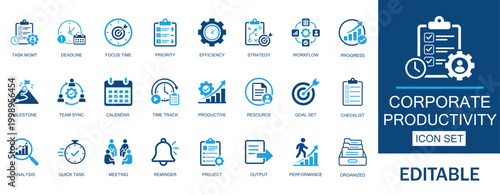Corporate productivity and time management flat icon set. Includes task planning, efficiency tracking and project workflow. Solid vector assets for strategy, business management.