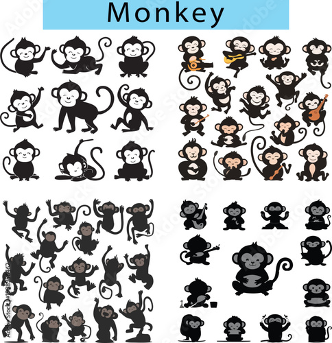 Cute Monkey vector illustration, Monkey silhouette, Monkey drawing easy