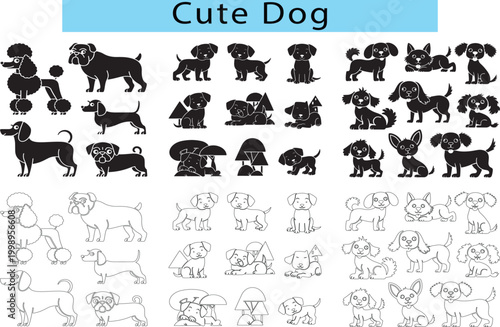 Set of different type of black cute Dog outline vector illustration, Dog silhouette in white background
