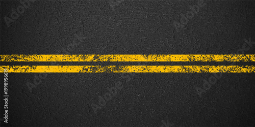 Asphalt road with yellow lane marking, concrete highway surface, texture. Street traffic line, road dividing strip. Pattern with grainy structure, grunge stone background. Vector illustration