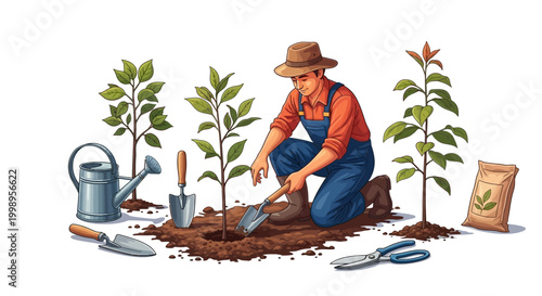 A farmer diligently plants a sapling in fertile soil, surrounded by gardening tools and young trees, symbolizing growth and agriculture