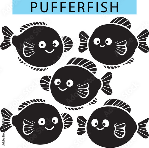 Simple cartoon Pufferfish vector art, Pufferfish silhouette graphics