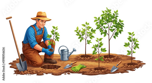 A dedicated gardener carefully plants young saplings, nurturing the earth with a shovel and tools, symbolizing growth, sustainability, and a greener future through active cultivation