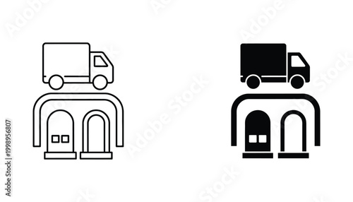 Truck delivery vehicle at loading dock bay for logistics and transport services icon