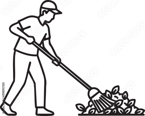 Line drawing of a man sweeping leaves with a broom simple black and white illustration