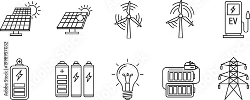 Set of minimalist vector line icons representing renewable energy sources green technology sustainability solar power wind turbines and battery storage solutions.