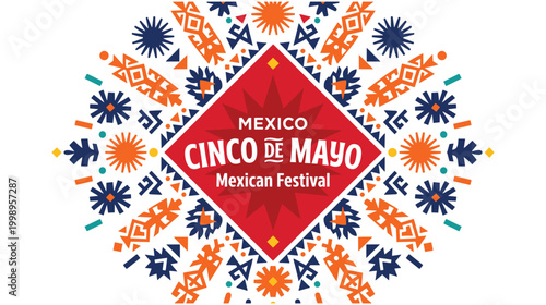 Cinco de mayo celebration banner featuring colorful traditional folk shapes.