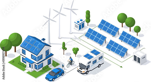 Isometric vector illustration of a sustainable smart home powered by renewable energy sources including solar panels wind turbines and vehicle